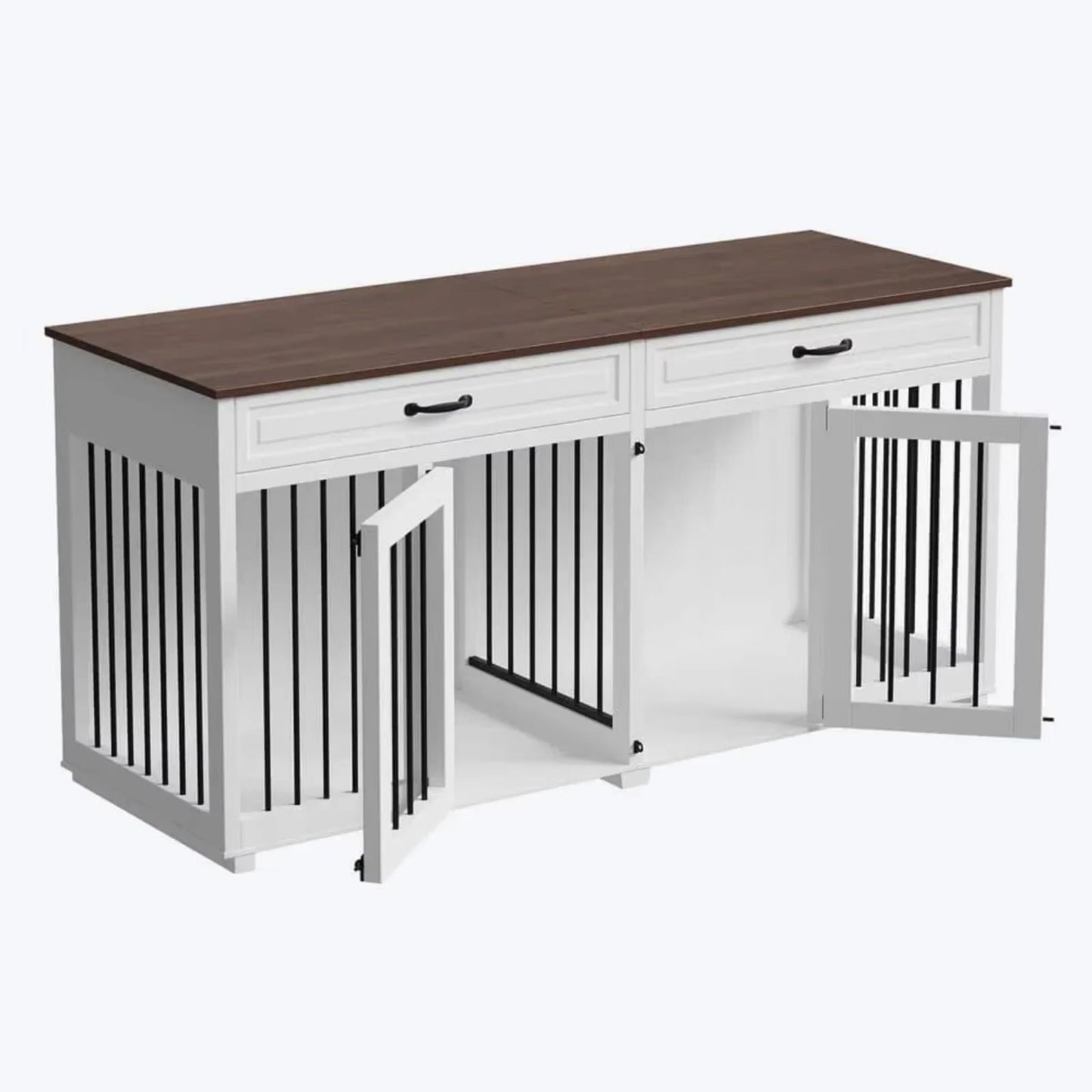 US 64.6 In. Large Dog Pens, Indoor Wooden Dog Crate Kennel with 2-Drawers and Divider for Medium or 2 Small Dogs, White