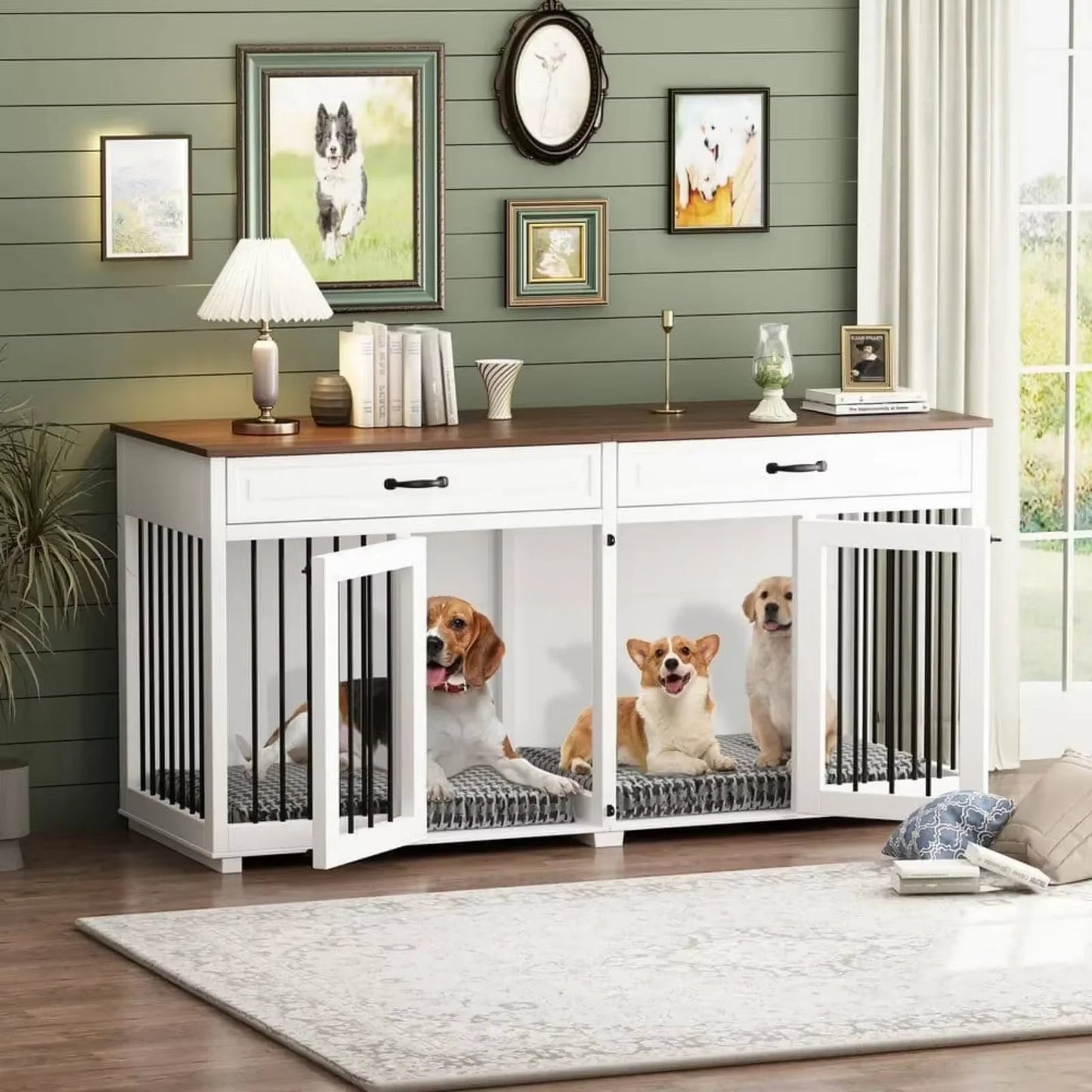 US 64.6 In. Large Dog Pens, Indoor Wooden Dog Crate Kennel with 2-Drawers and Divider for Medium or 2 Small Dogs, White