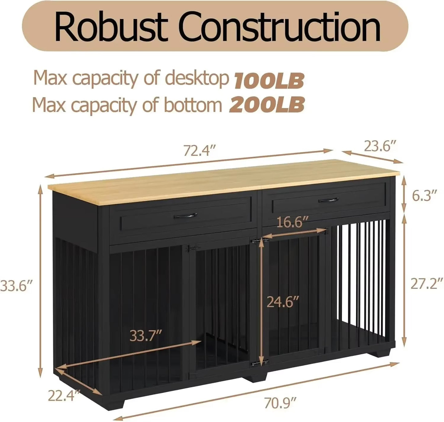 US 64.6 In. Large Dog Pens, Indoor Wooden Dog Crate Kennel with 2-Drawers and Divider for Medium or 2 Small Dogs, White