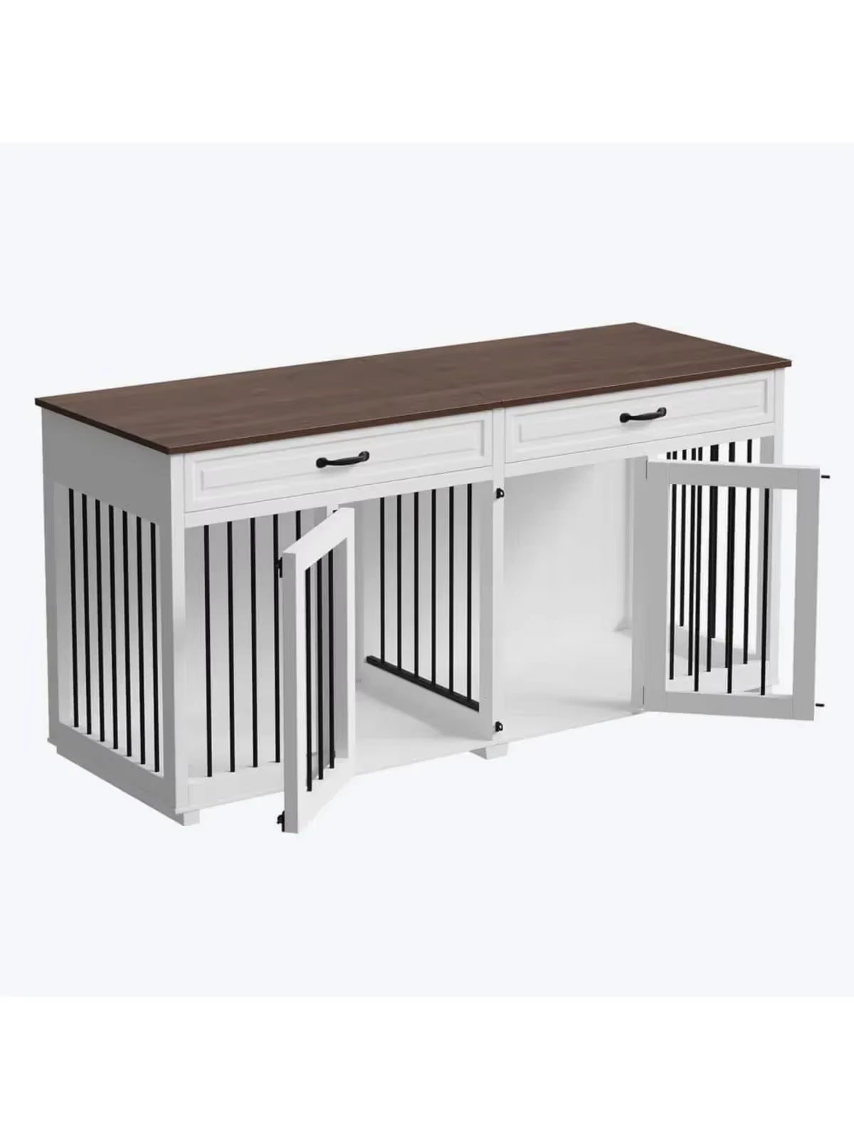 US 64.6 In. Large Dog Pens, Indoor Wooden Dog Crate Kennel with 2-Drawers and Divider for Medium or 2 Small Dogs, White
