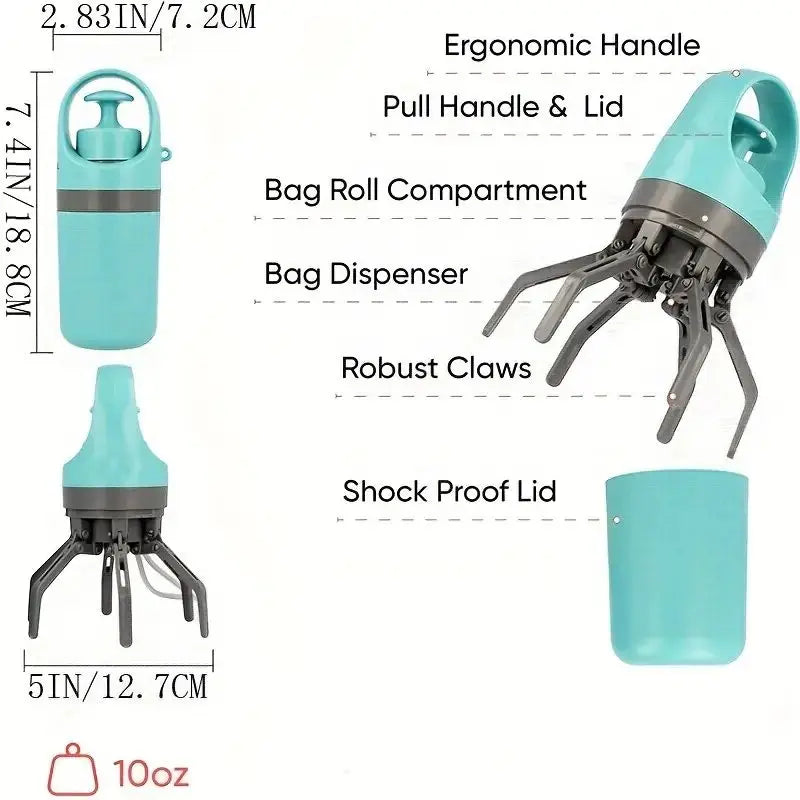 Portable Poop Scooper with Build in Bag Dispenser Light Weight Claw Waste Picker for Dogs Pet Cleaner Tool