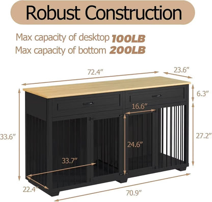 US 64.6 In. Large Dog Pens, Indoor Wooden Dog Crate Kennel with 2-Drawers and Divider for Medium or 2 Small Dogs, White