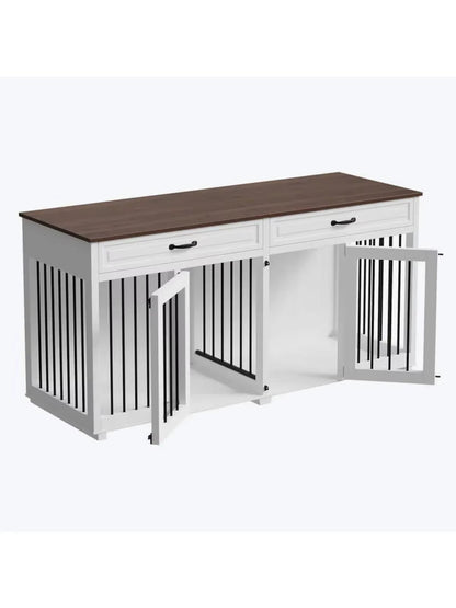 US 64.6 In. Large Dog Pens, Indoor Wooden Dog Crate Kennel with 2-Drawers and Divider for Medium or 2 Small Dogs, White