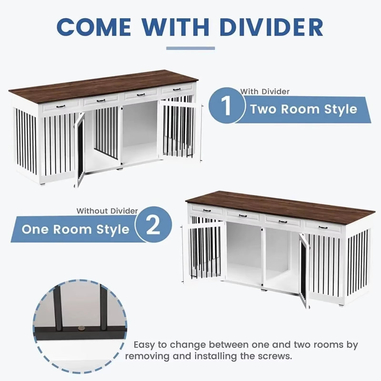 US 64.6 In. Large Dog Pens, Indoor Wooden Dog Crate Kennel with 2-Drawers and Divider for Medium or 2 Small Dogs, White