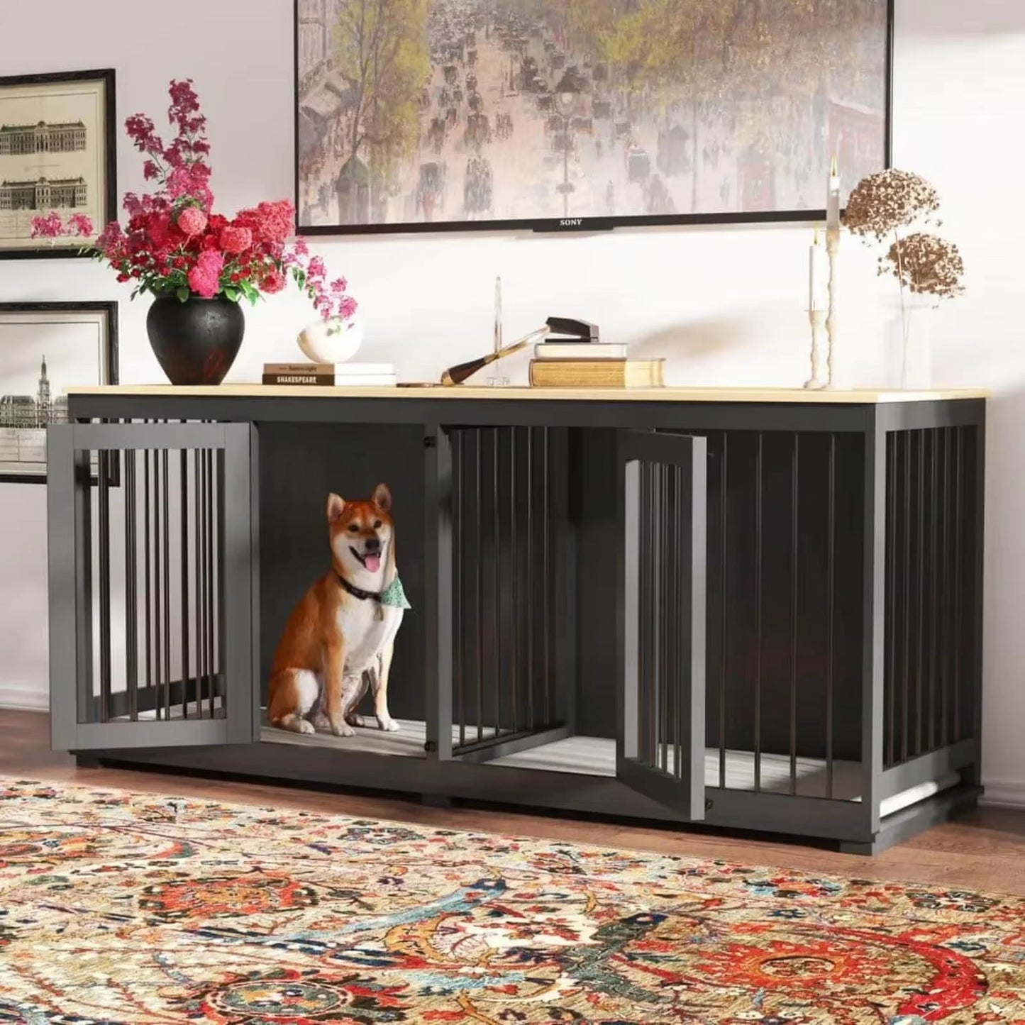 US 64.6 In. Large Dog Pens, Indoor Wooden Dog Crate Kennel with 2-Drawers and Divider for Medium or 2 Small Dogs, White
